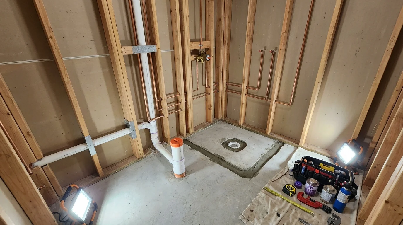 Bathroom rough-in plumbing during remodel by Johns Plumbing LLC in Stillwater