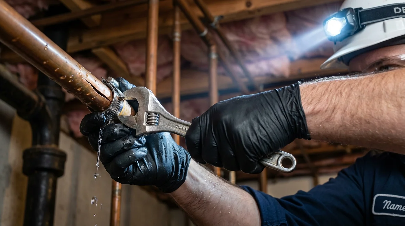 Emergency pipe clamp repair being performed by a Johns Plumbing LLC plumber in Stillwater
