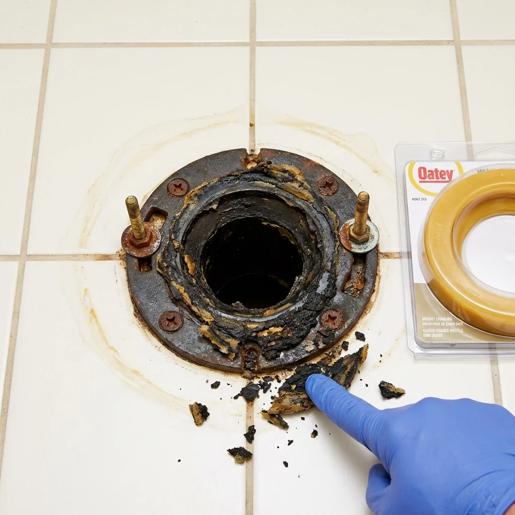 Failed wax ring showing water seepage at the base of a toilet in a Stillwater, OK home