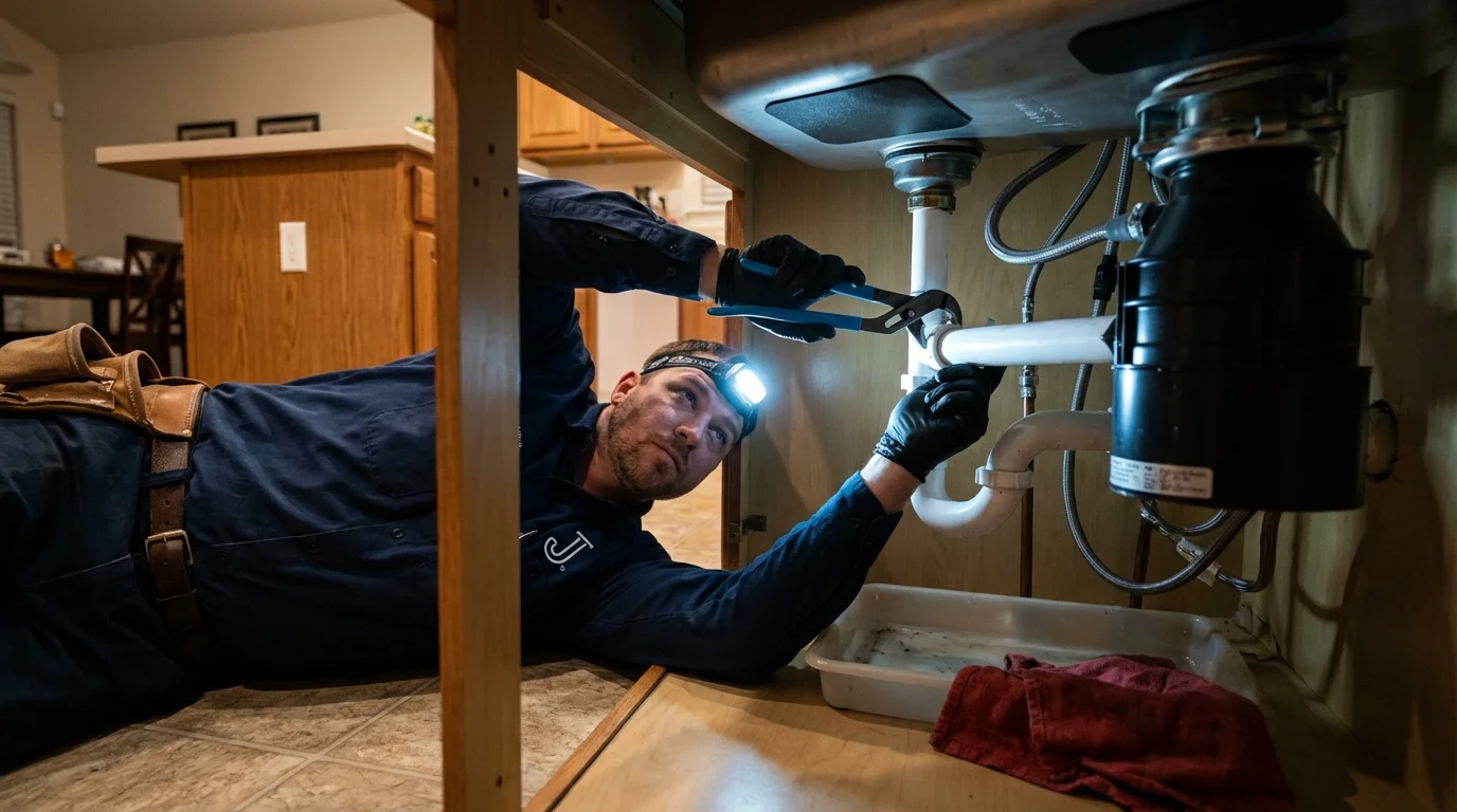 P-trap and supply line connections under a kitchen sink showing a common leak point in Stillwater, OK